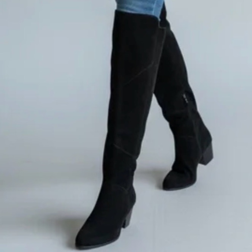 Crown Vintage Black Suede Leather Stitched Knee High Heeled Boots